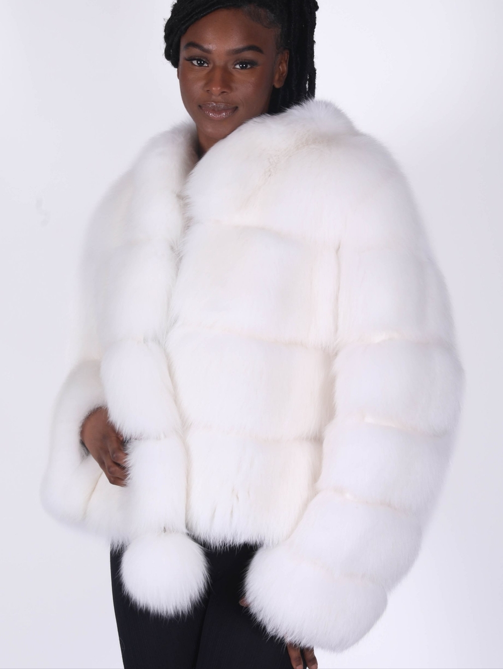 SALE Shadow White Full Pelt Horizontal Design 24″ Fox Fur Jacket